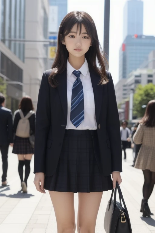 Ultra top quality, masterpiece, ultra high resolution, (photorealistic: 1.4), highly detailed CG Unity 8k wallpaper, detailed and complex, incredibly absurd, original, high resolution, raw photo, (perfect body shape), finely complex, dslr, soft lighting, high quality, film grain, depth of field, background blur, Leica camera, 50mm lens, backlight, HDR, hyperrealistic, color grade, dynamic pose, portrait, Japan, smile, lips, bangs, (crowded akihabara: 1.2), front view viewer, natural light, girl, 20 years old, full-body, solo, student, high school, uniform, cute schoolgirl, bobby socks, skirt, daytime, on the street, deep shadow, cute, beauty, discreet, cold light 12000k\Street, store stateAkihabara, Shinjuku, Shibuya, Ikebukuro, detailed realism, skin texture, ultra-detailed, realistic skin texture, (dramatic, award-winning photos, incredible masterpieces: 1.3)
