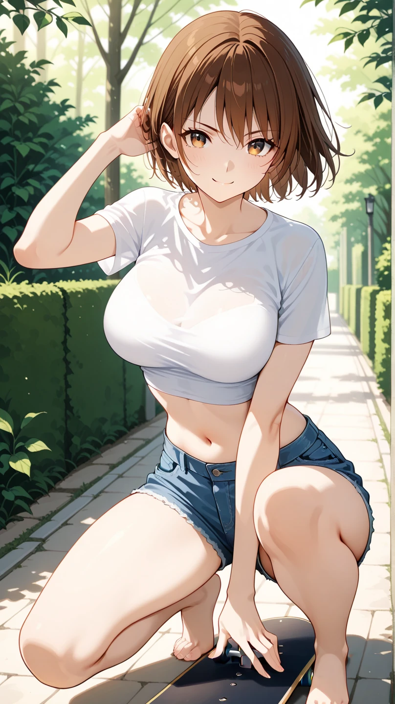 (masterpiece, 最high quality, 超High resolution, Very detailed), (Realistic:1.1, photoRealistic:1.4), Perfect illustration, Perfect lighting,Hair in perfect detail, Perfect and detailed face, Perfect collarbone, Perfect body,Juicy breasts, Perfect Thighs, Beautiful feet, View your viewers, 1 Girl,Perfect Face, (Perfect Anatomy, Anatomically correct), Symmetrical face、((Shiny Hair)),Sexy Body、(masterpiece),(最high quality：1.3),8k,Very clear,(Ultra-realistic),,Captivating woman,(high quality, High resolution, Fine details), Realisticなスタイルの女性,Juicy breasts、One perfect woman、Perfect Face、Symmetrical face、Baby Face、((Big Boobs))、((Juicy lips))、Cowboy Shot、(((Short black hair showing the forehead)))、((Large, double-set black eyes、Long eyelashes))、(((White T-shirt)))、(((Micro Shorts)))、(Outdoor、In town)