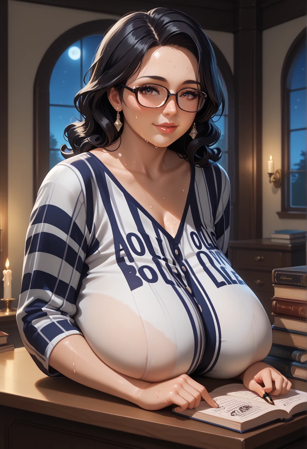 (masterpiece, detailed, realistic:1.2), beautiful young woman, (gigantic breasts:1.7), (bursting breasts:1.2), (detailed face, beautiful face), (sultry expression:1.2), librarian, leaning forwards, glasses, red cardigan