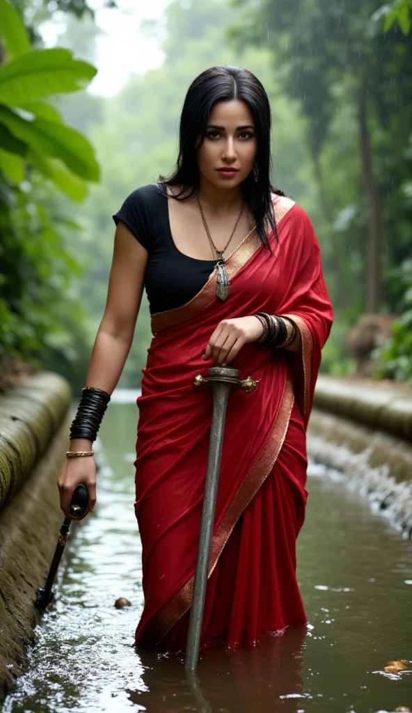 showing ultra HD high resolution, seen from below, full body, a beautiful Indonesian woman with long hair,
hairstyle tied in a bun on top of the head and the rest left long, tied in a red cloth, realistic, wearing a red cloth wrapped around the chest, mini cloth, big breasts, and mini skirt, short Javanese batik finger, red scarf belt, red scarf, cynical face, as if challenging, jumping, swinging sword, hand holding sword, sword moves, wind effects, Ultra HD, forest background. forest of trees, cinematic art,.
