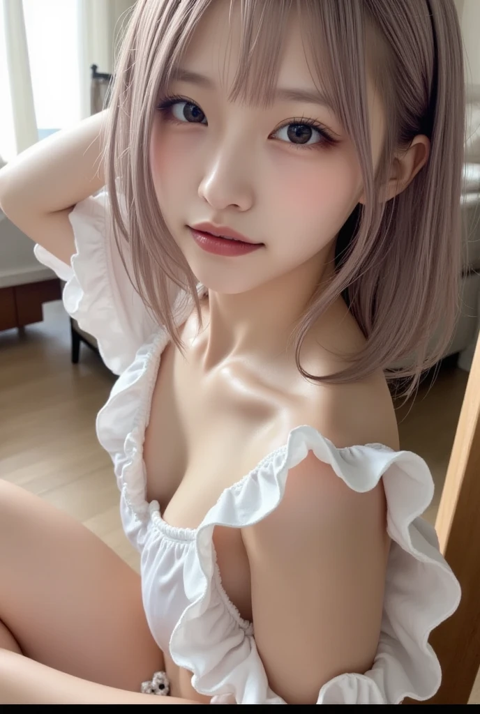 ((((Beautiful silver hair))))、((small head))、((15))day light、day light、(Perfect Body:1.1)、(jung)、(Beautiful silver hair with short wavy:1.4)、A full body shot、(((8K, Raw photography)))、(((Red satin bunny girl figure:1.5)))、(((Ren Hao_v neck_BrA))),(((thong_Panties)))、(((NSFW))), (((The face is Enako of a cosplayer))),(Highly detailed CG8K dendendenment wallpaper)、(extremelydelicateandbeautiful)、(巨作)、(Top  Quality:1.0)、(ultra-highres:1.0)、on the  bed、beautiful  lighting、Perfect Lightning、realistic shadow、[highly resolution]、 Detailed skin、ultra detaild、((Spread Leg))、(legs up)、Slim body、Stooping、thights、(Beautiful hair)、thin clavicle、Soft navel、Soft midriff、Soft back、Angle from the top、perspired、beautiful breast、blushes、photorealestic、lifelike face、realisticeyes、Small eyes、is looking at the camera、Grinning(colorfully)))、(((cleavage of the breast)))、(eye liner)、(mascara)、((Very sweaty))、((The body is dripping wet))、((Wet thighs))、 ((spread the thighs))