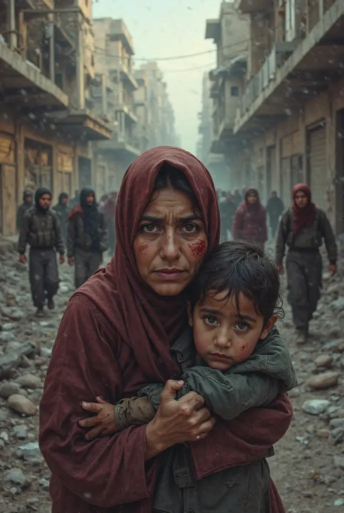((cinematic ligh《Hope rises in Palestine》poster for, 80s movie poster,A young mother,Behind her are a group of innocent children。The mother's eyes revealed firmness and responsibility,Her face was filled with worries and hopes for the future。She wrapped her arms around the child,As if silently protecting them from war。In the background is a ruined city ruins,Scenes of disaster left behind by the war。Sin embargo,A faint but determined light rose from the ruins,It symbolizes hope and rebirth。The light is cast on the mother and the child,Give warmth and comfort,As if to tell the audience even in the darkest moments,We can still find hope and strength。The tones of the whole picture will be deep blues and grays,It represents the gloom and sorrow of war。Sin embargo,Mothers and children are dressed in bright colors,It represents the vitality of life and the yearning for a better future。At the bottom of the screen,The name of the film is printed in a concise and powerful English font:“hope rises in palestine”。This not only represents the theme of the film,It is also an appeal to the audience:Let's work together,Let hope rise in war)),title, and credits, A high resolution, Ultra-detailed, Vivid colors, Dramatic lighting, Realistic, sportrait, Bokeh, Cinematic, CreativeDesign, Intense atmosphere, Dark background, suspenseful, shadowy figures, Melancholy tone, Excellent typography, Artistic composition, Dynamic angles, Contrasting colors, Depth of field, striking visual effects, Strong emotions, Haunting images, captivating visuals, Atmospheric settings, theatrical, mystical ambiance, delicate craftsmanship, Real Persono, intriguing narrative, Professional artwork, Engaging storyline, mystical expressions, Cinematic style, Thought-provoking symbolism, Engaging poster design, Iconic visuals, Intelligent execution, Visually stunning, Visual appeal, attention-grabbing, memorable, Reminiscent of classic movie posters,