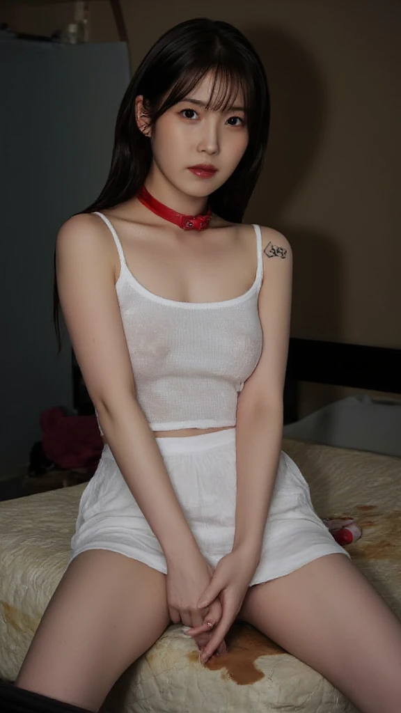pastel colors camisole,midriff peek,Tight denim mini skirt,(open mouth:1.5),(tongue out:2),Kneeling,Standing Upright,Hands Behind Back,Collar with leash,front view,face focus,from above(1girl,Beautiful 14 year old girl,teenager),((Slender,Small breasts,Small face,)),(looking at viewer),Black Hair,bangs,one side up,Beautiful and detailed,(dim:1.5),White bed