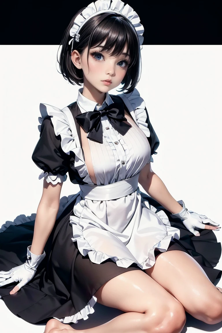 Masterpiece, solo, high detail, super detail, super high res, (photorealistic: 1.333), (highest quality), (best shadow), detailed, perfect lighting, 1girl, Perfect proportions, Perfect anatomy, Close-up of face, princess eyes, bright hair, shinny skin, thin and slender waist, missy short hair, wide hips, portrait, black and white maid costume with garter belt, 18 years old, medium breasted, smiling gentry, Bending forward, leaning forward, Looking into the viewer, walking in nature, Facial close-up, happy