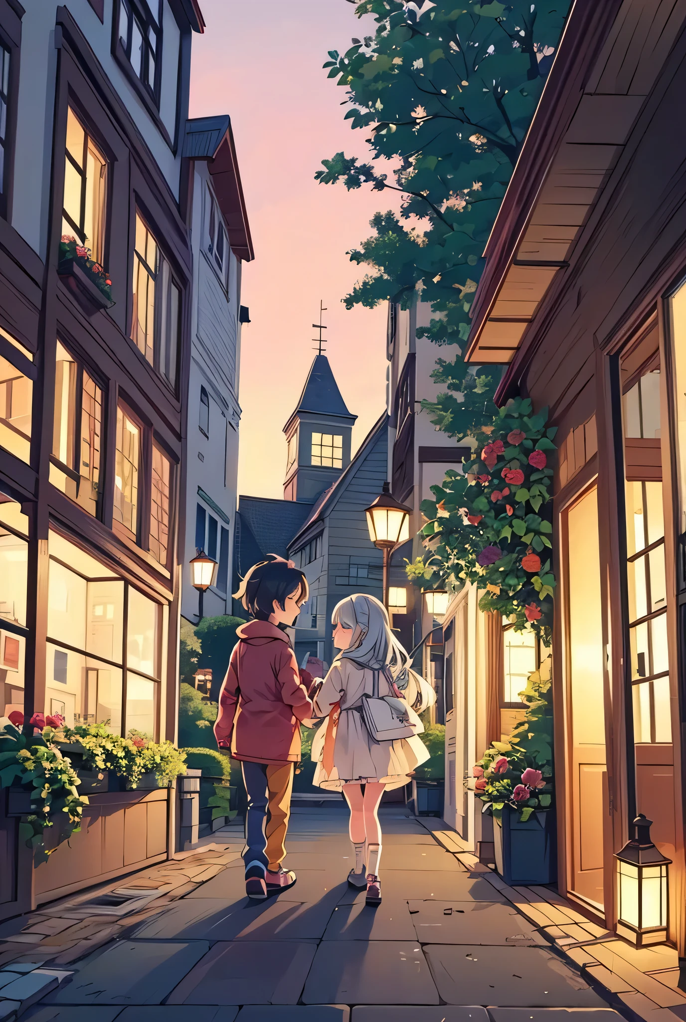 City streets surrounded by lush greenery and adorned with beautiful floral arrangements. The architecture is a harmonious mix of historic neoclassical buildings and modern glass and steel buildings, creating a fascinating contrast. Vintage street lamps cast a warm, soft light on the sidewalks, while shop windows exude a welcoming glow. The sky is a deep blue with orange and pink hues, a sign of an enchanting sunset. A few passersby stroll through the flower-filled avenues, while a couple stops to take photos. In the distance, a railway crossing with red and white barriers adds an urban touch to the scene, while the vibrant green of the vegetation dominates the perspective.