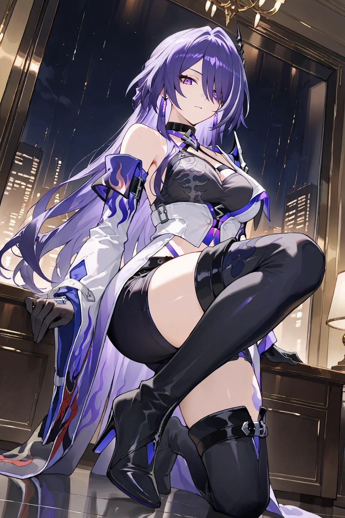 (Medium breasts), (The left heterochromia of the iris is only the eye color of purple) (The right heterochromic iridium eye color is only red) (The iris is only red and purple),(Detailed eyes) , ( The right eye is a purple iris) ,(Redness of the iris of the left eye) , Detailed, intricately details, Highly detailed, Extremely detailed, Realistic,( The color of the eyes is only red and purple), (The right eye is purple, The left eye is red), ,( The right iris has only purple) ,(The left iris is only red) (The heterochromic iridium on the right has only a light red eye color :) (The left heterochromia of the iris is only the eye color of purple:) (The color of the left eye is purple):1.2 (The color of the right eye is red):1.2 (Very light lavender_Hair color:1.2) (The hair is very light lavender colored:1.2),(M-shaped bangs), Long_Hair,(bangs between eyes),(Very long hair),(Wavy hair), Depth_af_Field, mitts, Lace, lace-trimmed_legwear, lace-trimmed_Panties, Lace_Trim, Lingerie, Long_Bang, navel, , Panties, Solo, upper legs, Underwear maid headdress, maid apronl, identical_Attire, navel, ,reverse_Maid suit, reverse_Outfit, Solo,The Arm_arms cuffs ((Cafe,cafe shop, ))