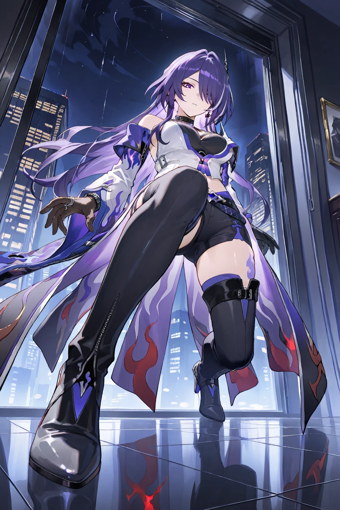 1 girl,Blushing,moaning,crouching, ((((female giant))),Giantess, The girl is 1000 meters tall,((Raiden Shogun from Genshin Impact)), ((Black bikini)), ((cameltoe)), 1 anime girl, modern miniature city,standing, leaning forward,towering over building, ((wide hips)), ((perfect legs)),bending over modern miniature city,on tiny miniature city, A girl taller than buildings, buildings under her