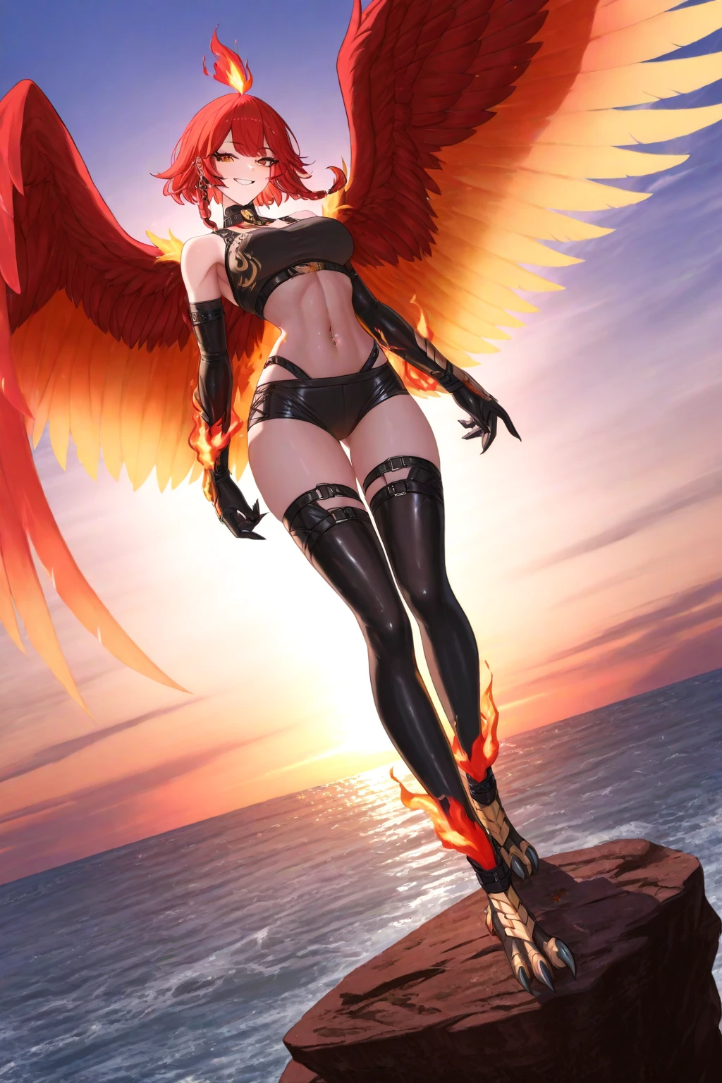 <lora:_20230730133345:0.8> , (1girl:1.3, solo:1.3), focus girl, Wing girl, Phoenix
mixes realistic and fantastical elements, vibrant manga, glassy translucence, vibrant illustrations, perfect(face ,eyes ,nose), huge breasts, thick thighs, wide hips, small waist, tall, glossy pink lips, light red black pony tail hairs, red eyes, sexy smile , blushing,
(RAW photo, best quality), (realistic, photo-realistic:1.5), extremely detailed, CG, unity , 8k wallpaper, Amazing, finely detail, (masterpiece:1.5, best quality), realistic, (real picture, intricate details, depth of field), dynamic posture, (full body:1.3)