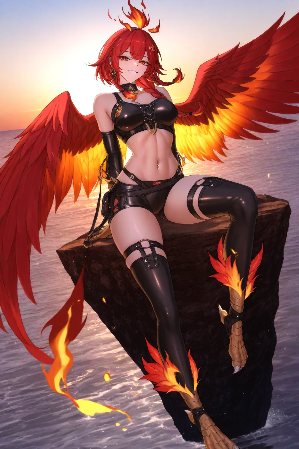 Generate a realistic illustration of a mature Masane amaha (witchblade), ((grey insectoid details)), grey gloves, (Aletta ocean face), blunt bobcut, de terno preto, straight hair, (long red hair), ((black torso)), (slendered abs:1.4), black gun holster, (gigantic breasts), grey outfit in anime format with a serious style, shiny skin, (black sclera), red eyes, perfect skin, detailed face, defined cheekbones, puffy lips, ((over the elbow gloves)), perfect legs, perfect arms, ((black over the knee boots)), gothic make up, masterpiece, dark lighting, black background, puffy lips,slendered abs, beautiful face,