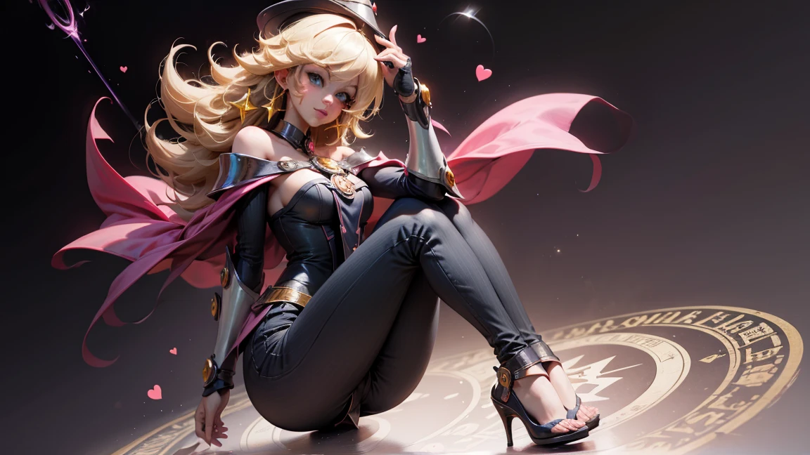 Dark magician gils with black gala dress. She wears red heels, has earrings. Wear necklaces.  Long blonde hair. blue eyes. Red lips. Sensual and subjective pose. She is sitting on a golden throne.
