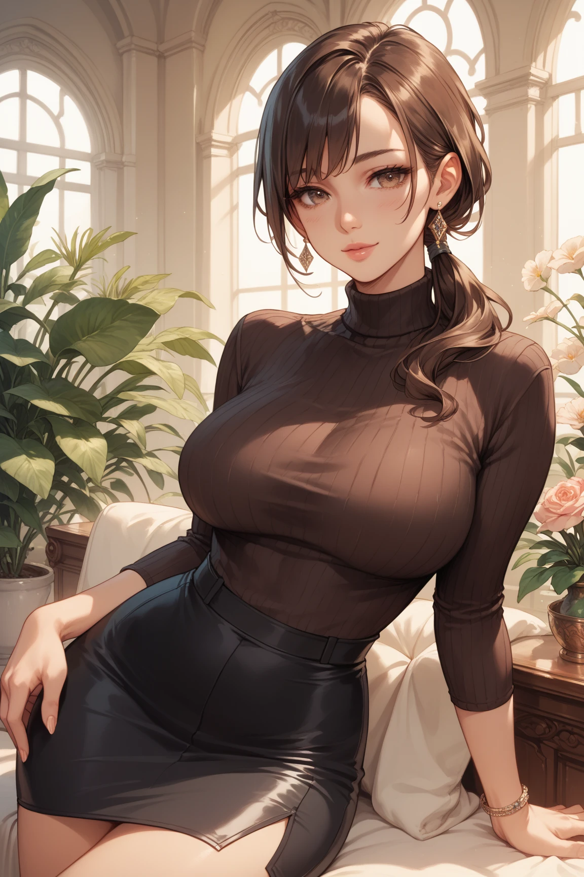 (masterpiece), (4k), ) (vivid colors), (evening light) 40 year old woman with short brown hair, dressed like an ordinary housewife with a simple brown dress and a black belt with a seductive pose and look, huge and very sagging chest