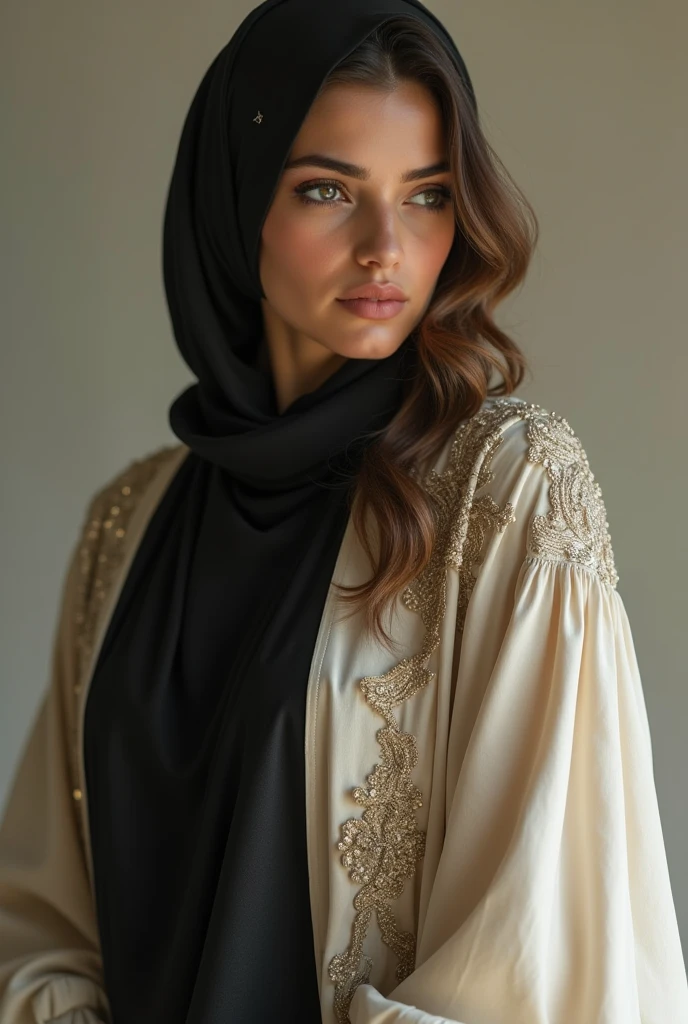 A beautiful woman in a personalized abaya, featuring subtle monogrammed initials in gold thread on the sleeve. The abaya is a soft ivory color with tone-on-tone appliqués, creating a sophisticated and understated design. The model is in a professional photography studio, with lighting that emphasizes the personalized details.