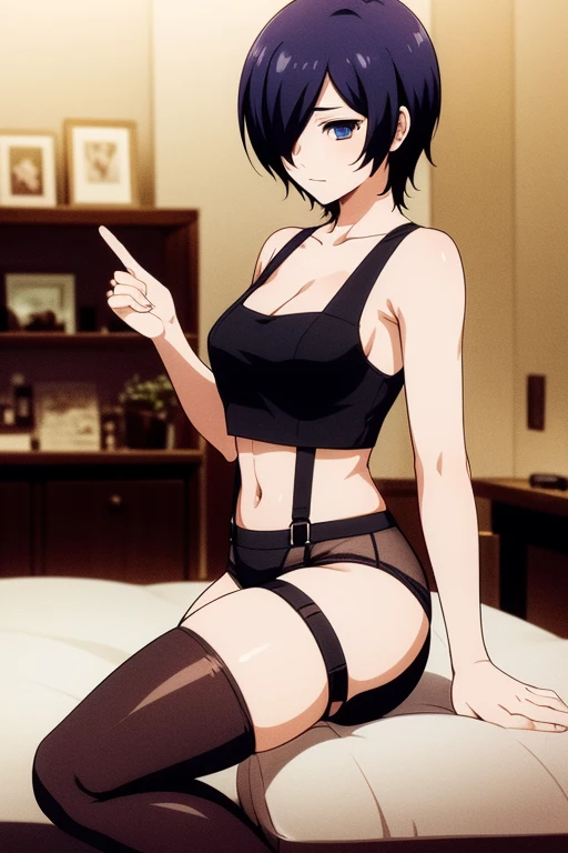 masterpiece,best quality,1girl,,mikasa ackerman,short hair between eyes,black dress,mature woman,tube dress,looking at viewer,short hair,cleavage