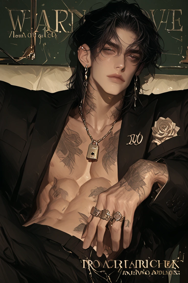 25 year old man, black eye, black hair and Fade Style, sitting playing the piano, in the hall dressed only in black and white plaid pajama pants, With a tattoo on his back of a wolf and a red rose