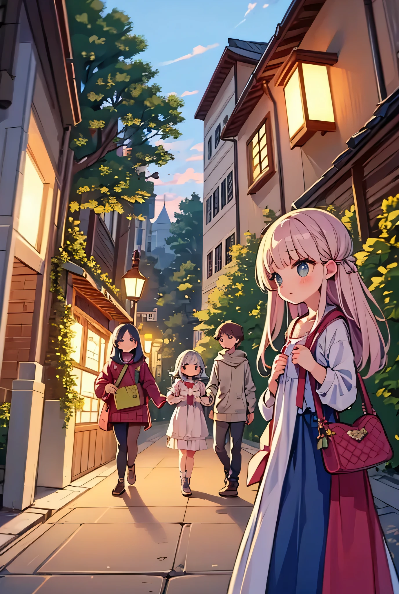 City streets surrounded by lush greenery and adorned with beautiful floral arrangements. The architecture is a harmonious mix of historic neoclassical buildings and modern glass and steel buildings, creating a fascinating contrast. Vintage street lamps cast a warm, soft light on the sidewalks, while shop windows exude a welcoming glow. The sky is a deep blue with orange and pink hues, a sign of an enchanting sunset. A few passersby stroll through the flower-filled avenues, while a couple stops to take photos. In the distance, a railway crossing with red and white barriers adds an urban touch to the scene, while the vibrant green of the vegetation dominates the perspective.