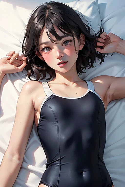  Zombie lying on back、Zombie sleeping on his back、 Black high leg swimsuit, Lie face up on the bed、Brown Hair、Surrounded by lots of flowers、ベッドでZombie sleeping on his back少女、close ~ eye、sleeping beauty