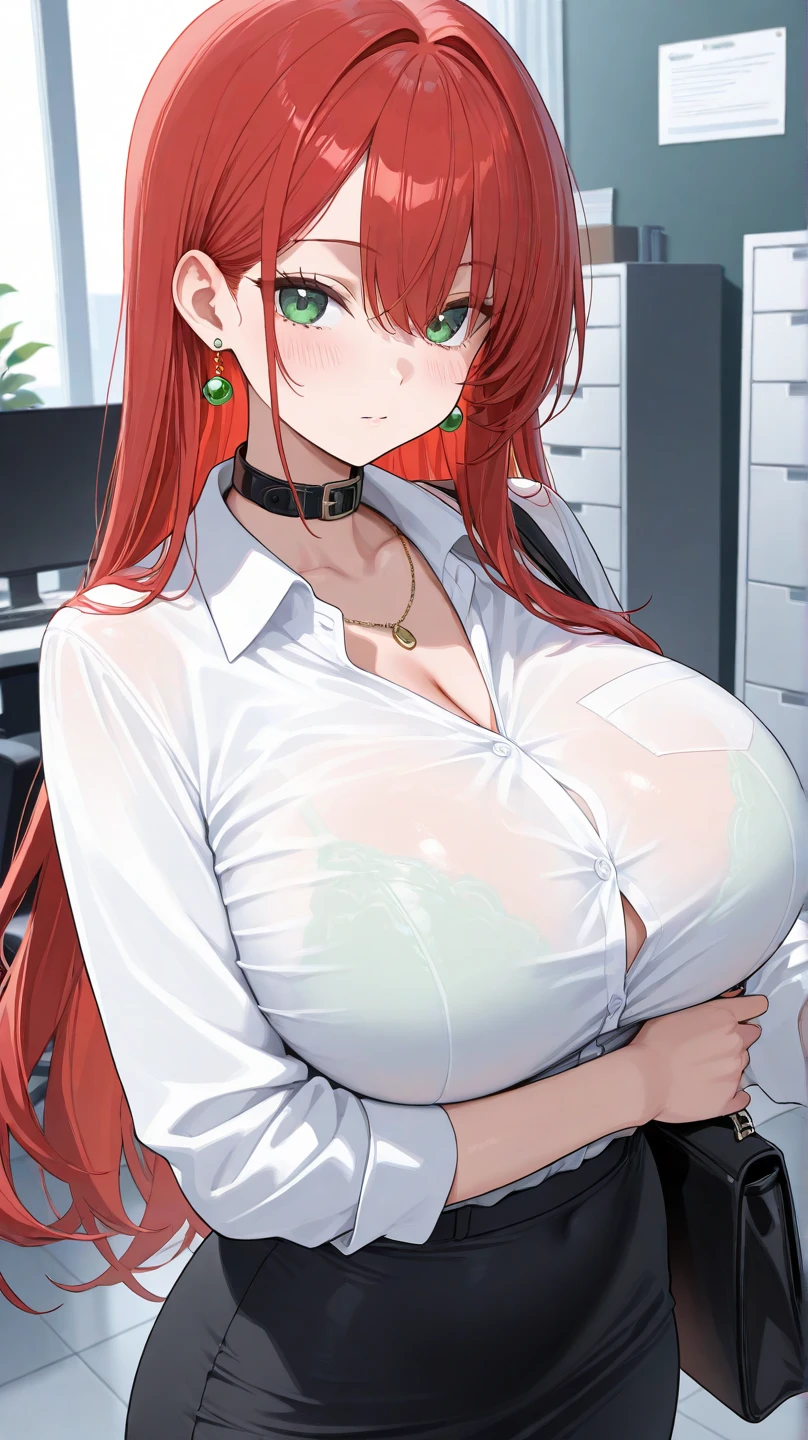 1 mature woman, light peach skin, big green eyes, red formal hair, pearl earrings, pearl necklace, sexy, hourglass shaped body, wearing white crop top, wearing blue tight mini dress, at the office, seductive, voluptuous curvy woman, open jacket, big chest
