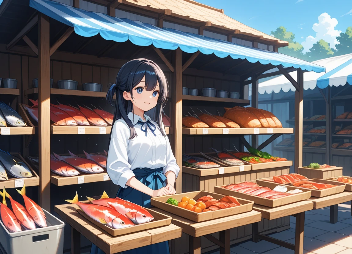 Fish market under the blue sky, one girl