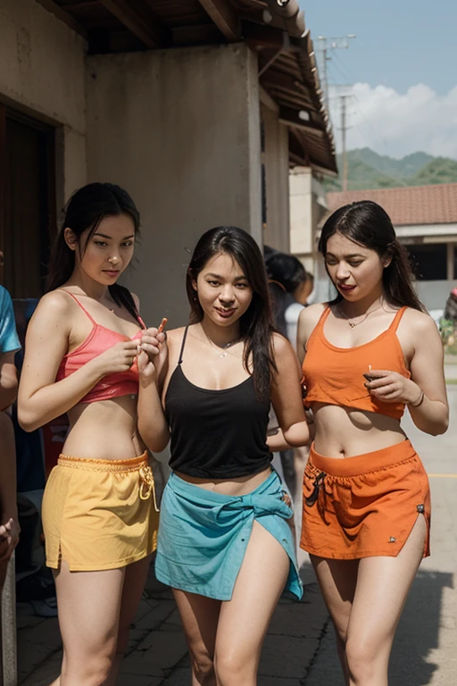 best quality, high resolution, quadruplets beautiful Indonesian teens in hijab, soft smile, beautiful women, wearing pink hijab, standing straight, wearing pink see-through mini skirt, wearing violet panties, wearing no garter belt, wearing no bras, wearing no lingeries, wearing no stockings, photorealistic, realistic, small breasts, smiling, tiny and skinny body, wet body, wet clothes, smiling, breezy, skin details, skin texture details, sexy body, morning time, smiling, happy, squatting on the green meadow, blurred background, after raining