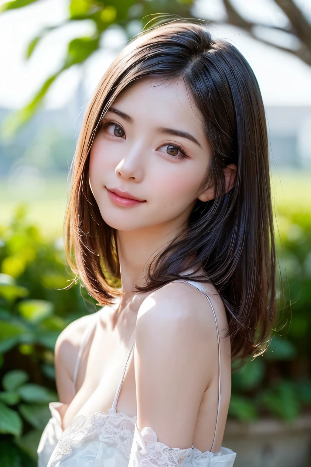 masterpiece, Best Quality, 8K, 20 yo, (Large breast:1.2), cuddly, Solo, smile shyly, close up, Cute, Girly, Delicate girl, Neat and clean beauty,  Raw photo, Professional Photography, Portrait, Soft light, Professional Lighting, Back lighting, Upper body, Looking away, Sophisticated, Film grain, (Eyes and faces with detailed:1.0), short length floating hair , beautiful flowing hair, bangs, silk blouse,
