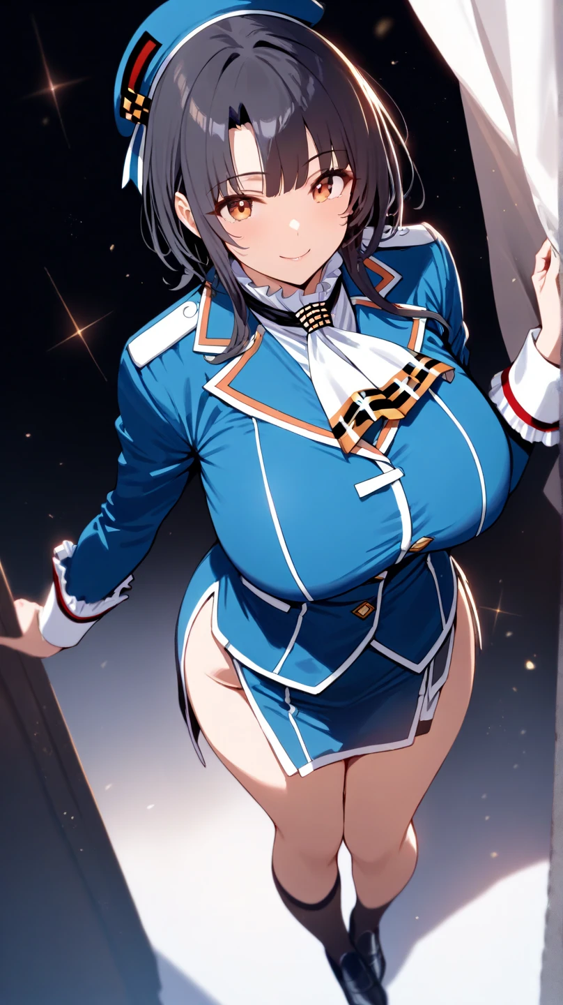 1female extremely large bosom， solo，（Background with：A desert，aerodrome，Planes） She has very short black hair，Stand on the plane，，seen from the front， curlies， mostly cloudy sky，（（（tmasterpiece），（Very detailed），best qualtiy，cinmatic lighting，detailed back ground，beatiful detailed eyes，Bright pupils，Black eyes，Snow-white skin，Redlip（Very fine and beautiful），（Beautiful and detailed eye description），ultra - detailed，tmasterpiece，）），facing at camera，A high resolution，ultra - detailed），revealing breasts，Bare genitals， Bulge，legs are open，Raised sexy，Camel toes，Flushed complexion，Desire for dissatisfaction，frontage，us airforce，Aviator，military hat（Wearing：blazer jacket，Gold wire embroidery，tailcoat，neck bowtie，Black pantyhose，Bare breasts）