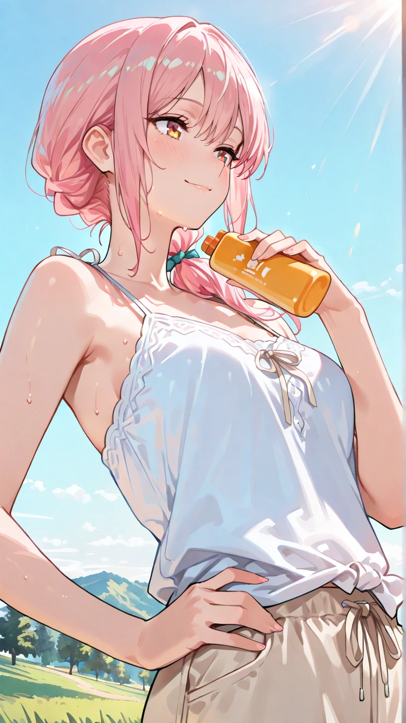 Anime girl with pink hair and cat ears, anime girl drinks energy drink, soda themed girl, cute girl with short pink hair, lolish, anime moe art style, pink girl, with a drink, sayori, with index finger, With pink hair, Lori, Shirabii, Full body!!, shikamimi, Haruno Sakura