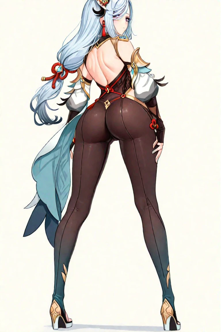 (masterpiece, hiquality: 1.1) 1girl full body standing good face, nice ass, hairstyle: braid, Color Hair: White long hair, Blindfolded: NO EYES, Skin: White (porcelain skin, sparkly skin), muscular, thights, mature woman, abs, looks at the viewer smiling, extremely huge breasts, maternal, chest cover with clothes