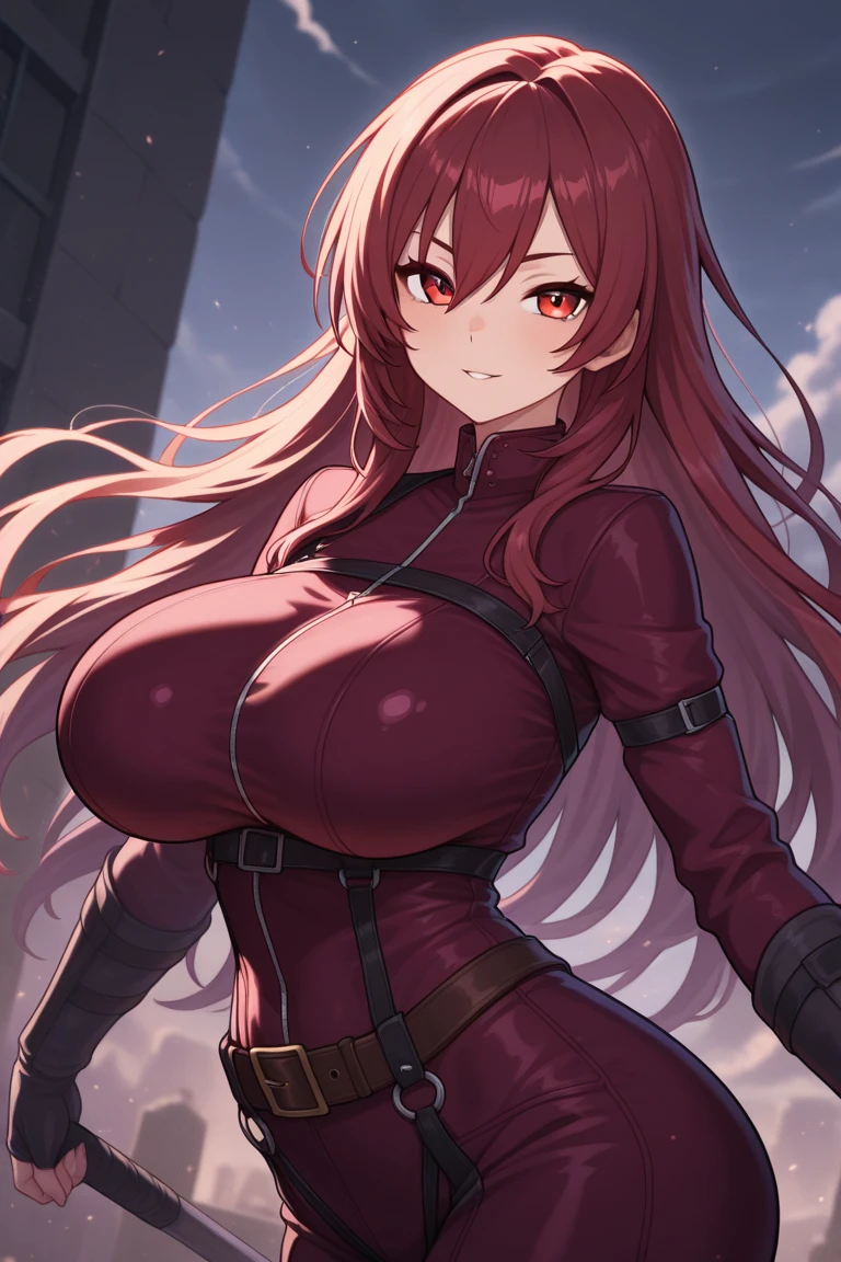 a giantess woman with red hair towering over a city and destroying it with her body