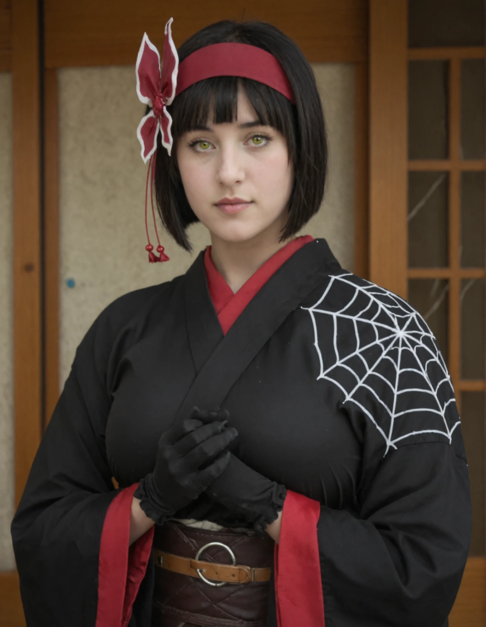 Hyperrealistic art IllusP0s, full body shot, smooth face . Extremely high-resolution details, photographic, realism pushed to extreme, fine texture, incredibly lifelike, expressive eyes, perfect face, (huge breasts,large breasts:1.2), black gloves, bow, kimono, japanese clothes, yellow eyes, bangs, bob cut, blunt bangs, short hair, black hair, mio-mlf, hair ornament, super beauty face, (huge breasts,large breasts:1.1), village, japanese architecture, spider web, waist, (full body view:1.2), cosplay, looking at viewer,