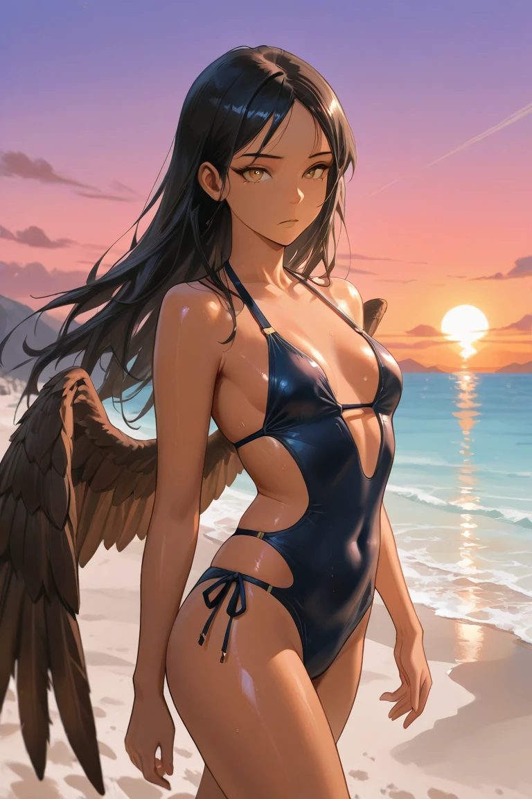 Top quality, ultra high resolution, (photorealistic: 1.4), big. On the back large wings. Brown hair in braids, long braided hair, black feathers on the back. Devil's wings. Close your eyes. Blush. In the room. Sweat. Long skirt. Bikini. Sea. Beach. Lift the skirt. Bring your lips closer. Lick your fingers.