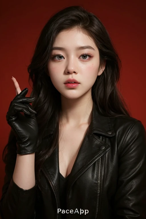 Simple background, (Wearing a policewoman uniform and hat: 1.4), Good hands, 4K, High resolution, masutepiece, Best Quality, Head: 1.3, ((Hasselblad photo)), Fine skin, Clear focus, (Cinematic lighting), Soft lighting, Dynamic Angle, [:( Detailed face: 1.2): 0.2], medium breasts, breasts, (((Inside the mansion))), (Chest exposed: 1.3), 1 girl, Jewelry, earrings, orange_skyporn, Solo, Mole, long_hair, Mole_Under_eye, The upper part of the body_Body, greys_Eyes, up looking_で_viewer,, Brunet, Fashion, (Head tilt: 1.4), Simple background, Red background,