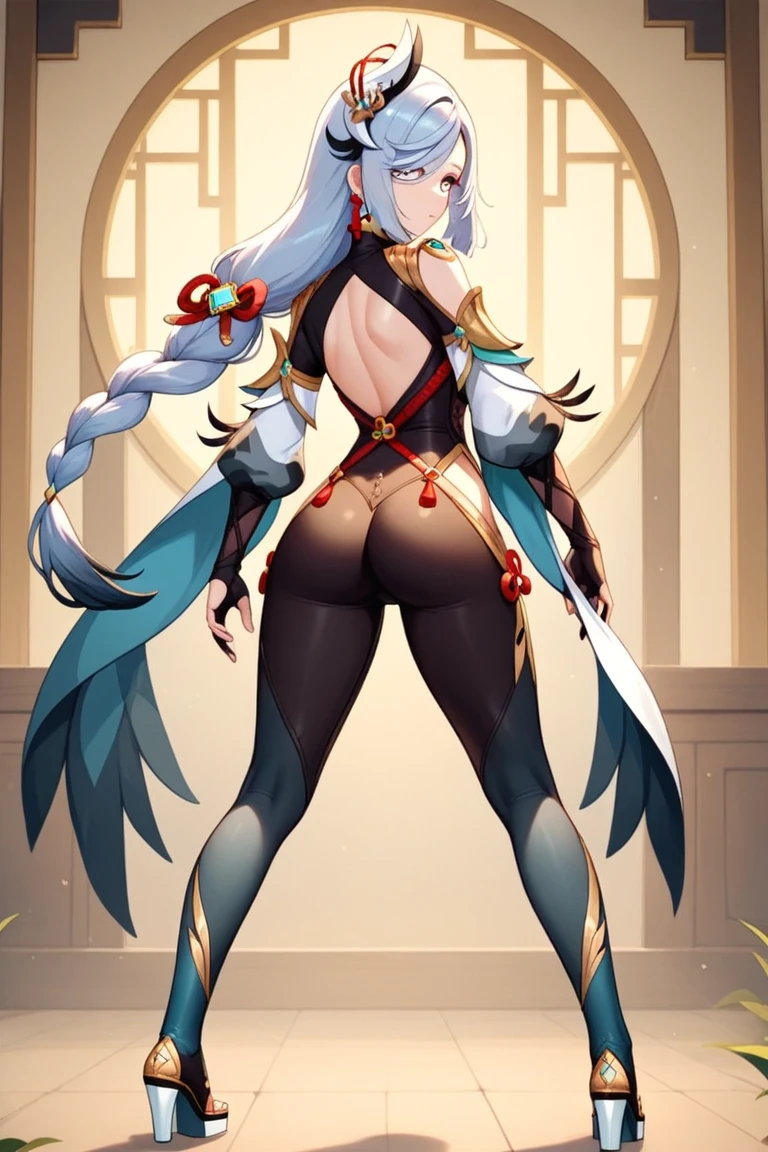 Score_9, score_8_up, score_7_up, score_6_up, source_anime, rating:general, 1girl, slutty_clothes, white skin, open eyes, back view, hands on the ass, spreading the ass, looking at viewer, 1 girl, morgan le fay (fate), solo, blue eyes, long hair, gray hair, ponytail, bow, braid, cleavage, erotic, mature housewife, blue eyes, tall and busty, anus, spread ass, black and blue anal plug, long pubic hair, pubic hair in the anus, arousal, sexy pose, full body, high quality, wallpaper
