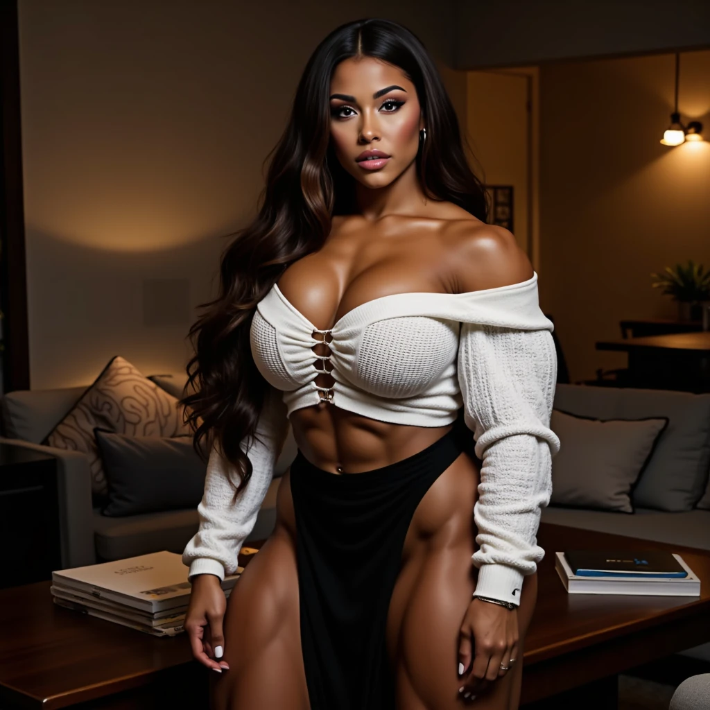 (Muscular:2.2), (thick muscular thighs, wide hips:2), (african female, frizzy hair:1.5), (dark skin:2), adult, wearing glasses, earings, eyeshadow, lipstick, bokeh, (freckles:0.9), (upper body view), (striations), (hard nipples:1.1), small breasts, (perky breasts:1.4), (Boho-chic look with a lace-trimmed maxi skirt, a lightweight blouse with bell sleeves:1.6), (sculped muscles:1.7), detailed eyes, (athletic body:1.5), (muscular body:2), (looking at viewer), (seductive smile:1.2), dark bedroom, (dawn lighting), rim lighting, two tone lighting, dimly lit, clean skin, low key (DETAILED SKIN), (big ass)