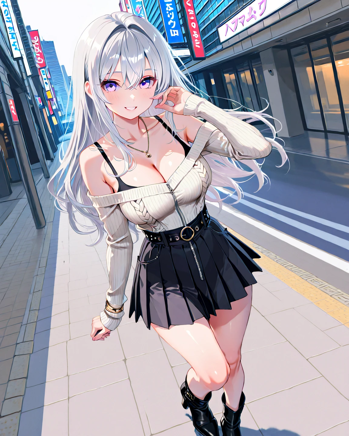 (Highest quality, High resolution, Very detailed), Silver Hair, Long Hair, Reddish brown eyes, sweater dress, lace thong, Large Breasts, Perfect Makeup, 24th generation, Beautiful woman, mature, quiet, Calm, A small smile, city Street,