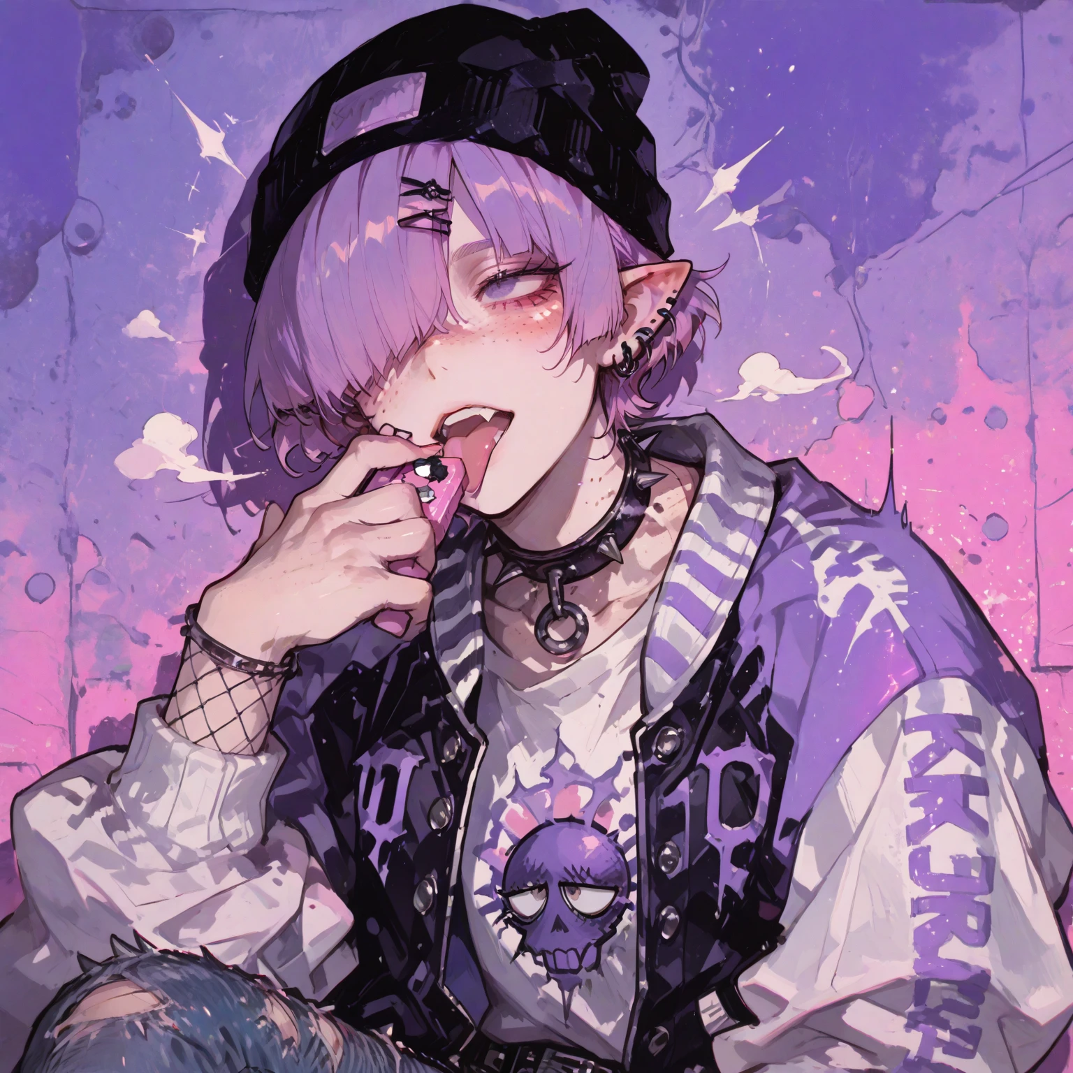 did vaporwave style, jewelry, solo, 1boy, male focus, chain, ring, hat, tattoo, earrings, piercing, black nails, shirt, chain necklace, glowing, pink background, short hair, ear piercing, looking at viewer, upper body, glowing eyes, choker, bracelet, simple background, necklace, multiple rings, pink eyes, black shirt, purple hair, black headwear, arm tattoo, score_9, score_8_up, score_7_up, score_6_up, score_5_up, score_4_up