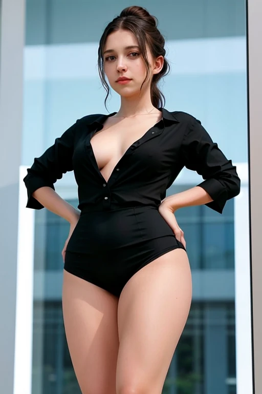 Draw a girl in a classic suit. Appearance of the suit: left side is blue, right black. Both parts divide the suit vertically in half. The girl's pants look like this:: left trouser leg black, and the right one is blue