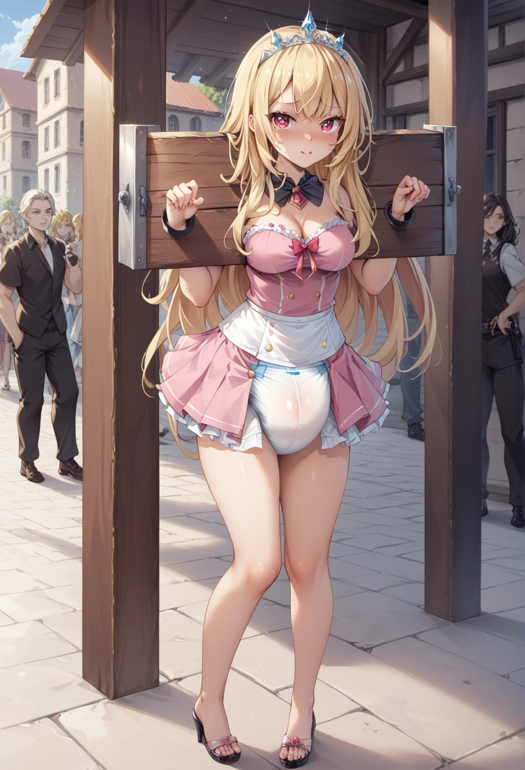 masutepiece, Best Quality, 1girl in, Looking at the camera、耳Nipple Ring、piercings、poneyTail、(In the street、shopping street、Game Center、arcade、Opening legs)、crouching down、((Hentai Rope Bondage、Cross your arms behind your back、brown Rope)) , (maturefemale:1.5), (Large breasts:0.7), animal collar, reel、Tears、droolng、((Breast Bondage, crotch rope、Multiple ropes)), Ahegao, Puzzled、tremble for、obedience、a blond、Semi-long hair、circle gag mouth、((fullnude、be sweaty、Raw feet、pin heels、high-heels、Nipple Bell))、