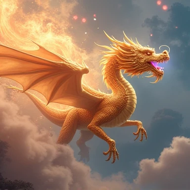 A majestic, divine dragon soaring through the heavens, bathed in ethereal light. Its scales shimmer with a golden hue, reflecting the brilliance of the sun. The dragon's wings are vast and powerful, adorned with intricate patterns that glow softly. Surrounding it are celestial clouds and beams of radiant light, giving the scene a holy and awe-inspiring atmosphere. The dragon's eyes glow with wisdom and ancient knowledge, exuding an aura of regal authority.