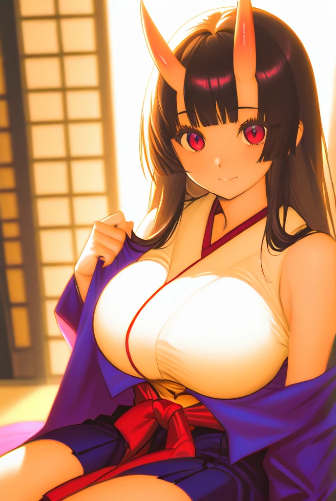 ((Highest quality、Masterpiece、Very detailed、8K))、One Woman、17 years old、Big Breasts、Cleavage、Super small kimono、Thighs、arm、Girl sitting、Pétain sitting、((Angle from below))