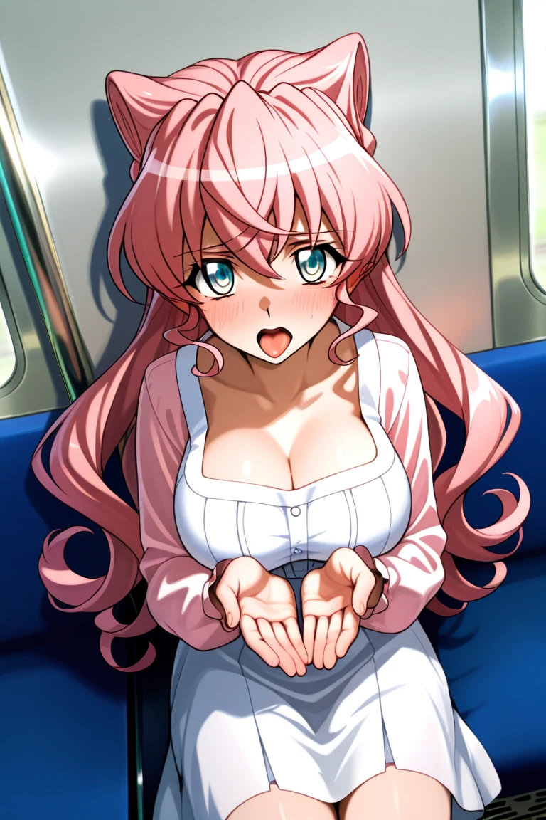 hedit, best qulity, anime screencap, anime coloring, pinkvie, 1girl, solo, :d, bangs, bare shoulders, blush, cleavage, long hair, medium breasts, breast out, nipples, off-shoulder dress, off shoulder, see-through sleeves, detached sleeves, pink hair, red eyes, tail, very long hair, white dress, thighs, thigh strap, (train interior:1.3), finely detailed background, amazing background