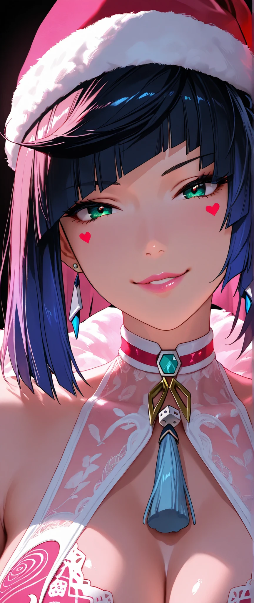 Yelan, 1girl, adult, Santa's one-piece swimsuit, Santa Claus hat, transparent collars , medium and large breasts,seductive smile, watching the spectator, head tilting, black background,red eye shadow, lipstick, parted lips,Picture of a cowboy,pink theme, Dynamic lighting , intricate, intricate details,, masterpiece, Partes superiores, incredible quality, detailed background, intricate details