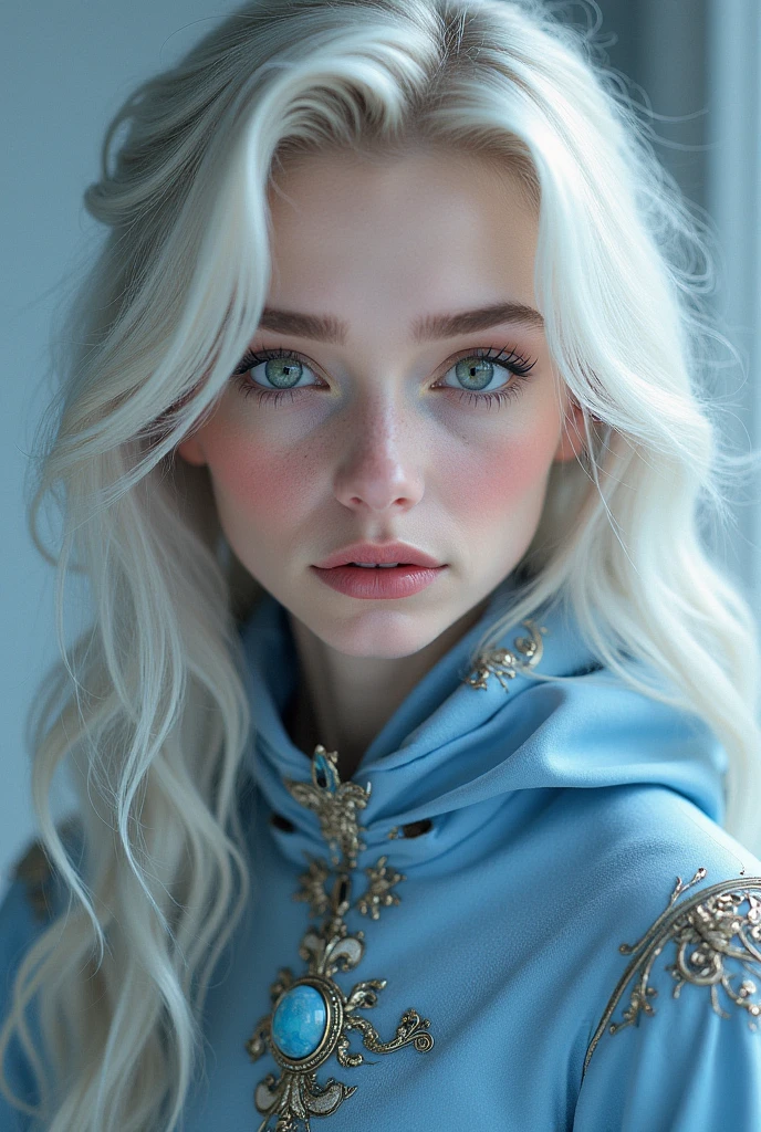 a beautiful russian woman natalia petrovna, with long white hair, detailed beautiful face, striking blue eyes, elegant pose, intricate detailed dress, luxurious fur shawl, dramatic lighting, cinematic composition, photorealistic, 8k, high quality