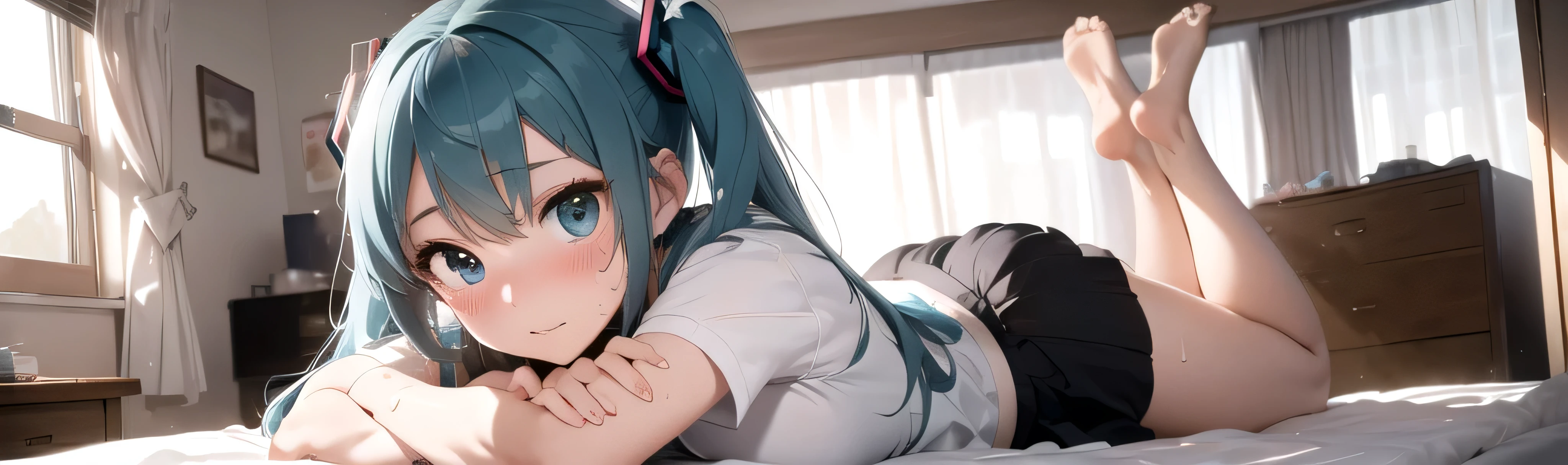 (masterpiece,Best Composition,Depressed Illumination,top quality,Super Detailed),best shadows,Rim lighting,perfect composition,full body,(Hatsune Miku:1.2),Voluptuous Body,light blue twin tail hair, beautiful light blue big eyes,look at here,shy,(Blushing,Sweating:1.3),see-through uniform and skirt,big breasts,Cleavage,(lying down on her Side,Lift her hips a little,on luxury canopy bed:1.3),in Pretty girly room