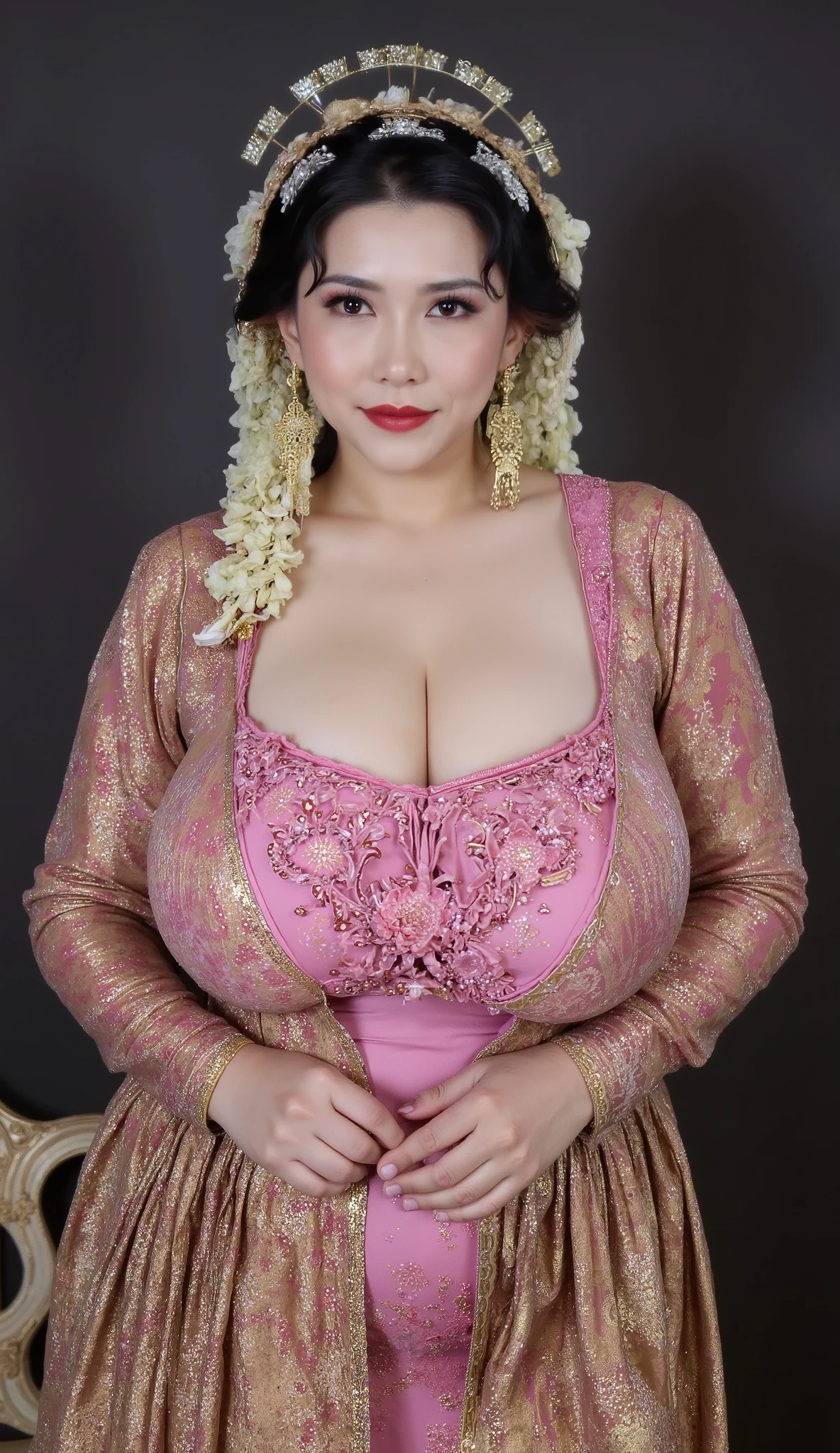 A beautiful indonesian mom 45s has plump body , dressed in traditional Javanese formal attire, She wears a wearing a pink kebaya with gold ornament , paired with a beautifully patterned batik kain in earthy tones . His outfit is completed with a gold-accented hijab, reflecting Javanese culture. Dark photo studio background. She is looking at the viewer with bright and loving eyes. She is leaning forwardal. Close-up of sexy body, very detailed. Soft, professional lighting highlights the textures of the outfit. Hasselblad H6D-400c MS, low exposure, big breast, huge breast, big arms, high contrast, ISO 100, with a 120mm macro lens. bulky belly, bulky breast, milky breast, breast larger than head, huge breasts, wrinkled breast, veiny breasts, lactating, montgomery glands, bright skin, gigantic breast, fat super breast, huge triplet breast, massive nipples, massive gigantomastia, macromastia, inverted nipples, exaggerated gigantic areolas, dark areolas, areolas visible, jiggling breasts, plump lips, ultra detailed breasts, saggy breasts, standing model pose 3/4 body, breast moles, mega cleavage. Closed up.