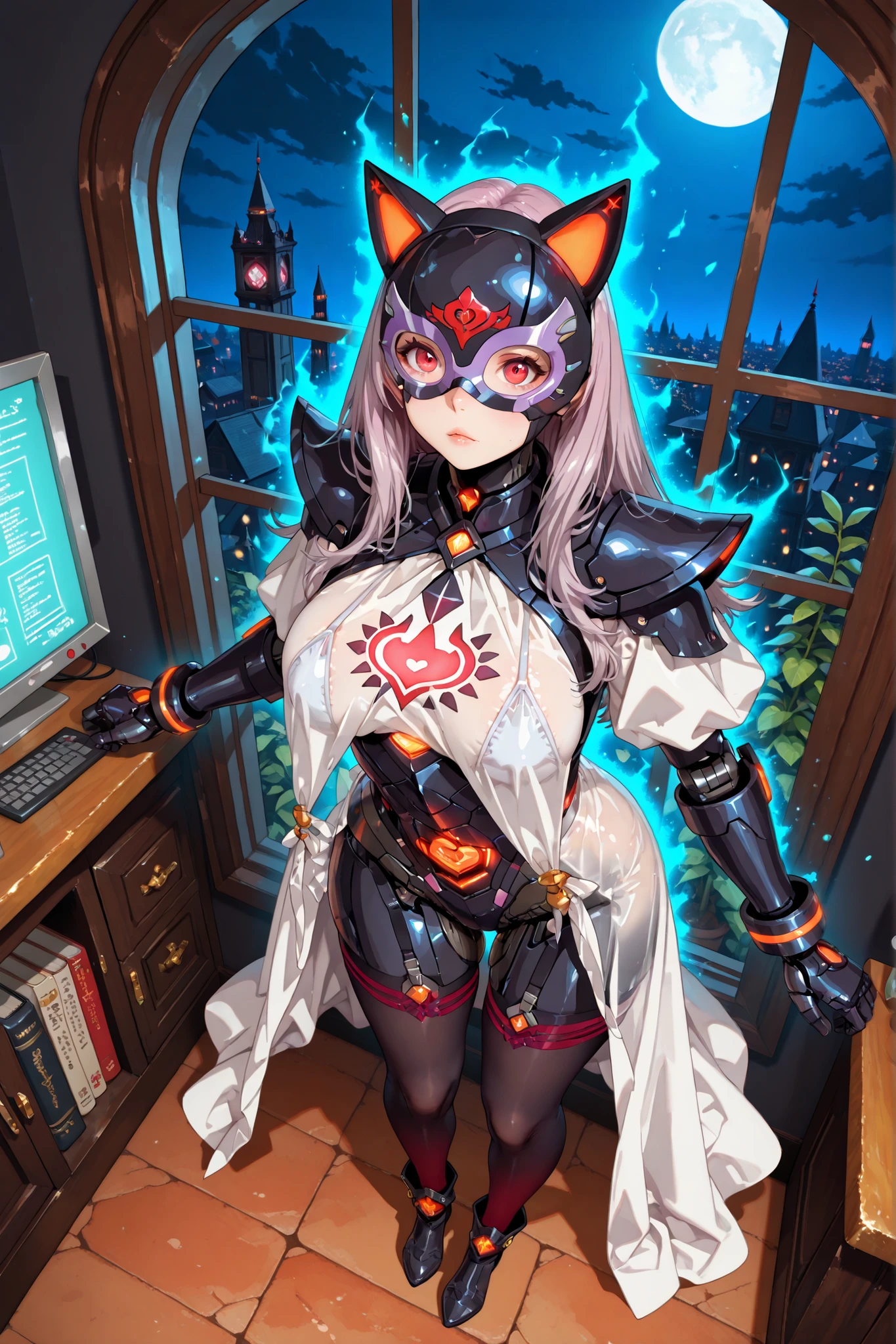 score_9,  score_8_up,  score_7_up,(transistorpunk), (in gridman style:1.15),upper detail , anatomically correct , super quality, masterpiece, atmospheric perspective, super detailed skin,

(dark night:1.6) ,laboratory , (large old robots glowing is booted:1.4), Warm-colored lantern , Large tall clock , Pots of orchid plants, 
witch and robot engaging in physical contact,

intense angle, full body, from above, (very wide shot:1.4),
stylish pose, 


witches:{young girl, mystic aura, divine cat ears hair band, white robe, (slingshot bikini in see-through material with embroidery of magical designs, minuscule anal ball wear), (breast  curtain Thin Clothing:1.1),(cat eye mask:1.25), thigh-high stockings with embroidery of rune pattern, flushed skin, fit body,,}