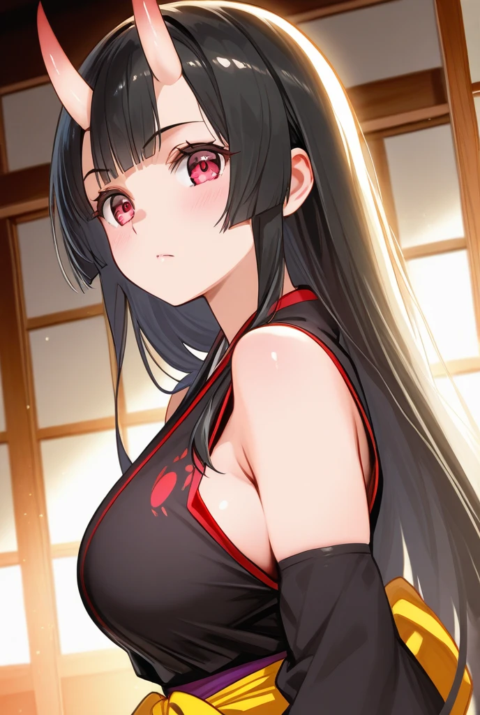 ((Masterpiece, best quality, high resolution, uhd, Pixel perfect, depth of field, 4k, RTX, HDR)), 1 girl, Single, alone, beautiful anime girl, beautiful art style, cartoon character, akame, style akame ga kill!, black collared shirt, red necktie, sleeveless, skirt ((long hair, bangs, shiny black hair,)), (red eyes:1.4, round eyes, Beautiful eyelashes, realistic eyes), (detailed face, blush: 1.2), (Smooth texture: 0.75, realistic texture: 0.65, Photorealistic: 1.1, anime cg style), big breasts, (dynamic pose, profile, pulling, close up, looking at viewer), perfect body, round butt, black panties, black choker, ((black miniskirt:1.5)), Mouth open, holding a katana, lying on the floor