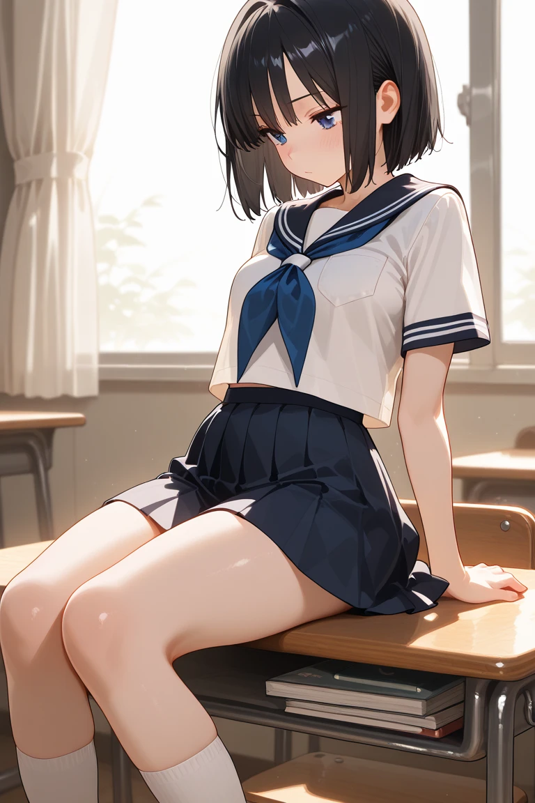 ((Masterpiece: 1.3)), ((Absolute Resolution: 1.2)), ((Highest Quality: 1.4))), ultra-detailed, super-detailed face, complex and detailed eyes, one girl, slick nasal bridge, detailed mouth, meticulous and cute smiling expression, realistic bumps on human body, silky smooth hair texture, (excited face and humiliated, (( realistic skin)), ((stylish and cute designed school uniform: 1.6, black stockings denier 20:1.4)), ribbons, hat, ruffles, lace, girl with one-length bob-cut braids, adornments of cute design appropriate for her age, (sitting pose with legs spread left and right and hips floating: 1.3), Innocent hand motions, (white skin:1.3), softly swaying breasts filled with large amounts of fat, cinematic lighting, perfect shading, (((cute nursery))), shaded realistic lighting, Reflecting the whole body