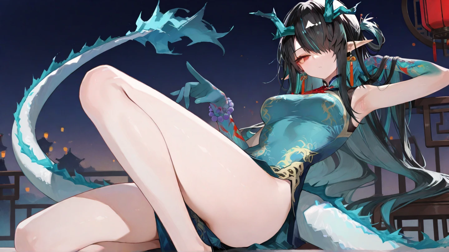 Bright colors，Magic background，loong background，water background，the sky background，1girll，The witch hat has dragon horns，Tights made of stockings，Jumpsuits，Intimate dress，Wrap tightly，Sexy bra，Pantyhose wrapped around the hips，Sexy，on cheongsam，Dress conservatively，Wrap your entire body in clothes，Not exposed，Dragon tail，mistic，abstact，Lady，Smiling，inquisitive，The ultimate leg beauty，Sexy pose，looking back，stooped，looking up，upside down，Shoe wearing action