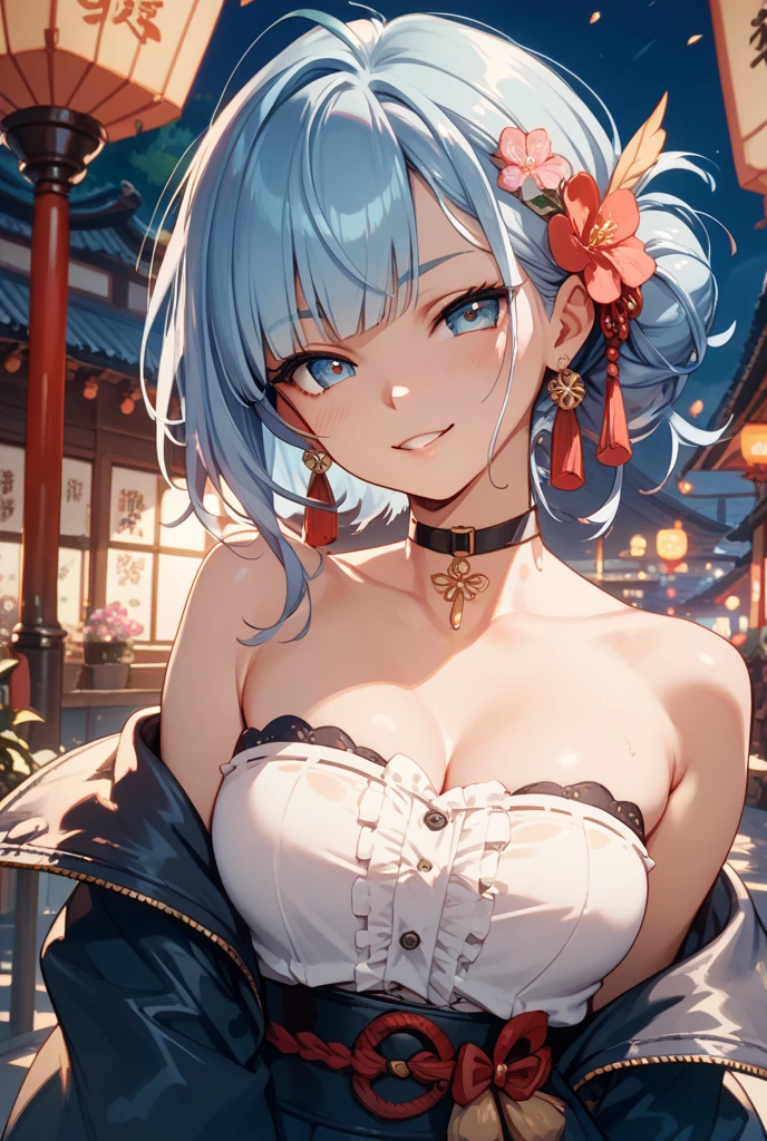 ultra-detailed, ((one girl)), hyper detailed, absurdres, 8K,Beautiful Face, (Laugh shyly), ((teasing smile:1.8)), ((Wink:1.8)), (Laugh with your mouth wide open:1.3),(Tilt your head:1.3), View your viewers, ((Bright red cheeks:1.6)),Glossy Red Lips, ((Big Breasts:1.5)) (cleavage), night, Fantastic fireworks, ((Anime style background)),masterpiece, Highest quality, (Brighten your face), so beautiful,Latest, Complex details, (Pink long nails), (nail art), (ring),(bracelet), (Floral Choker),AI-generated, Complex,High resolution, Highest quality, super high quality,3D Images、3D Images,One person,(White long hair),(High Ponytail), Anime woman posing for a photo, ((Fine grain, powder blue eyes:1.3)), ((glowing eyes:1.3)), (Squint your eyes:1.1),a hyperRealistic , hyperRealistic , Realistic,Anime woman with long white hair, Smooth anime CG art, With gold embroidery、A girl in a gorgeous kimono, ((Black long sleeve kimono:1.6)),((Red large floral pattern)) ,Long flower hair ornament,Floral Earrings,Mature Body,tall,Abdominal muscles,Narrow waist,((learning forword+looking up+from above:1.9)),