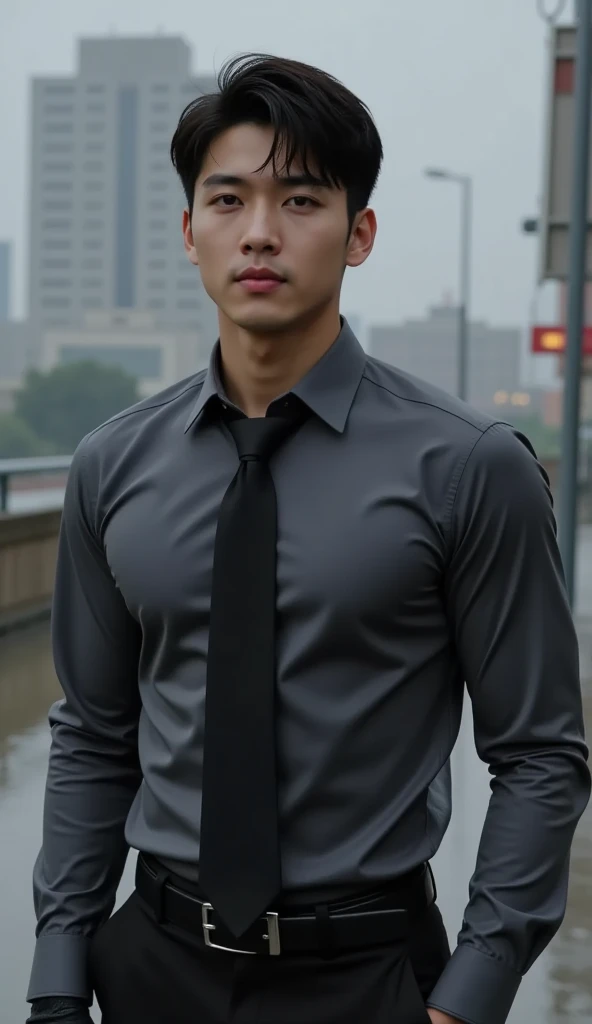 solo , 1man , thai man , grey Button-down shirt with collar , black Long pants , happy